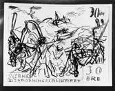 Skisser till frimärket Sjöräddningssällskapet 50 år, utgivet 1/6 1957. Svenska Sällskapet för Räddning af skeppsbrutna bildades den 1/6 1907. Konstnär: Torsten Billman. 
Skiss 