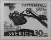 Förslagsritningar - ej antagna - till frimärke Vattenfall 50 år, utgivet 20/1 1959. Konstnär: Tor Hörlin. Förslag. 
Valör 30 öre. 5.