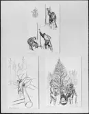 Frimärksförlagor till frimärket Domänverket 100 år, utgivet 4/9 1959. Blyertsskisser utförda av Sven Ljungberg 1959. Skisserna daterade 