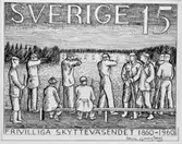 Frimärksförlaga till frimärket Frivilliga Skytteväsendet 100 år, utgivet 30/6 1960. Originalteckningar utförda av konstnär Sven Ljungberg. Texten utförd av William Petersson. Valör 15 öre.