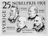 Frimärksförlaga till frimärket Nobelpriset 1901. WC Röntgen (1845 - 1923) i fysik, RFA Sully- Prudhomme (1839 - 1907) i litteratur, EA von Behring (1854 - 1917) i medicin, JH vant Hoff (1852 - 1911). Förslagsteckningar. (I Postmusei samlingar). 
Ej antaget förslag utfört av Mark Sylwan. Valör 25 öre.