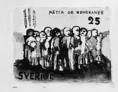 Frimärksförlaga till frimärket Världskampanjen mot hunger, utgivet 21/3 1963. Med anledning av FN-kampanjen mot hungern. Förslagsskisser utförda av Staffan Hallström (1914 - ). Förslag 5) Lavering och gouache.
Valör 25 öre.