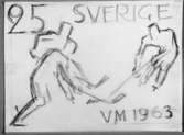 Frimärksförlaga till frimärket VM i ishockey, utgivet 15/2 1963. 1963 års VM i ishockey spelades i Stockholm.
Förslagsteckningar utförda av konstnären Georg Lagerstedt (1892 - ). Förslag 4. Blyertsteckning. Valör 25 öre.
