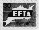 Frimärksförlaga till frimärket (skisser, förslag och originalförslag) EFTA, utgivet 15/2 1967. EFTA (European Free Trade Association) bildades 1960 och den 1/1 1967 slopades industritullarna mellan dess medlemmar. Konstnär: Pierre Olofsson. Motivförslag, skrappapper, täckfärg, tusch (liggande bild).