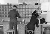 Posten sorteras på brevbärareexpeditionen i Grindelwald, Schweiz.  Juni 1954. Brevbärarna sorterar och 
