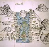 Reproduktion av gammal akvarell över Mölndalsfallen. Originalet hänger i Kungliga bibliotekets (D.G. Neschers) samling och är från 26 oktober 1693, signerad S.W.B. (Staffan Wolter Bergh, 1671-1745). Visar schematiskt Mölndalsfallen med flankerande kvarnar och andra byggnader.