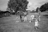 Barbro Hermansson och Sonja Johansson med dagisbarn klär en mindre midsommarstång ståendes på en gräsmatta. De kommer från Katrinebergs daghem, 1992.