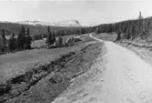 Bildiligenslinjen Strömsund - Jormlien.  Mitten av 1930-talet.  På vägen till Ankarede, i riktning mot Blåsjön. Norskfjället Joma i mitten på bilden.