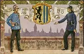 Tyska Rikets brandkår, Leipzig 24-29 juli 1913. Vykort. Tecknat motiv. Privata bilder från brandchefen för Sundsvalls brandkår Gustaf Hellgren och hans familj.