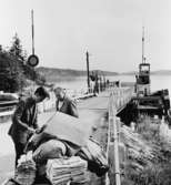 Vid färjeläget i Ramsmoraviken lämnar busskonduktören posten som
skall över till Djurhamn och Sollenkroka.