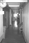 Korridor till kontorsrum i Mölndals stadshus, juni 1994. Till vänster hänger hänger ett väggur. Relaterat motiv: 2003_0591.