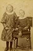 Bilden föreställer ett helfigursportträtt av två barn, taget i ateljé runt 1895-1905.
Fotografiet är ett s k visitkort. Dessa blev mycket vanliga och populära från 1860-talet, då ny teknik gjort det möjligt att ta fram flera kopior ur ett negativ. Både privatpersoner och 