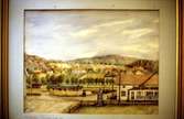 Landskapsvy över Mölndal.
En tavla målad av den naivistiske mölndalskonstnären Knut Berg.