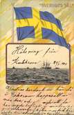 Vykort med ett seglande fartyg och Svenska flaggan med orden 
