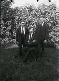 Bror W Johansson, föreståndare för Inköpsföreningen, Hilmer Alexandersson och Karl Alexandersson, Alla tre är klädda i slips och kostym. Bilden är tagen i en trädgård i Höghult, Drängsersed socken.