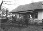 En fyrhjulig vagn med parhästar framför ett bostadshus. I vagnen sitter fyra små barn, varmt klädda och insvepta i en fäll. Från vänster till höger ser vi Lennart, som håller i tömmarna, Sten, Dagmar och Sture Gustafsson. Hästarna heter Gulli och Lova. Stensered, Drängsered. (Se även bildnr HB53)