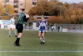 Fotbollslaget Jitex BK spelar match mot Malmö FF på Kvarnbyvallen i Mölndal, år 1990. Slutresultatet är okänt.