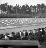 Gymnastiken 1944.
Gymnastikuppvisning (truppgymnastik) av kvinnliga gymnaster.
Fotot taget från publikläktaren.