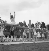 Gymnastiken 1944.
Gymnastikuppvisning på bommar, av kvinnliga gymnaster, med
assistans av några manliga dito.