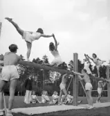 Gymnastiken 1944.
Gymnastikuppvisning på bommar av kvinnliga gymnaster, med
assistans av några manliga dito.