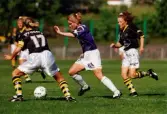 Fotbollslaget Jitex BK spelar match mot AIK på Kvarnbyvallen i Mölndal, år 1995. Slutresultatet är okänt.