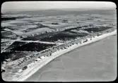 Flygfoto över Skrea strand med en lång rad badhytter