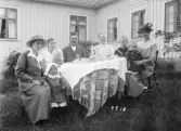 Familjerna Bengtsson o. Persson sitter i trädgården runt kaffebordet.