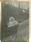 Foto av Torborg sittande i en barnvagn (enligt text skriven i albumet).