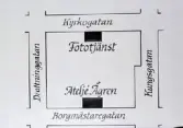 Karta över var butiken Fototjänst och Ateljé Ågren var placerade på Kyrkogatan respektive Borgmästaregatan. Möjligen använd i reklamsammanhang av fotograf Märta Ågren som drev dem båda.