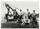 Stenkross vid Heås, Gällared för vägbygget Gällared-Kärnebygd 1925-1926. Fyra män står med skyfflar och en stor hund framför stenkrossen.