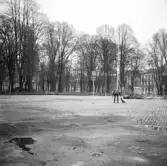 Vänersborg. Torget, plantaget i bakgrunden. Man som sopar gatan