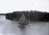 Marieberg midsommar 1905. Båt med segel på sjön.