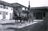 Foto av hästekipage med två män i vagnen. Bildtext i album: 