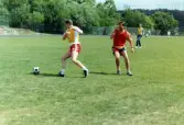 Fotbollsmatch på Krokslättsvallen i Mölndal under Jitexdagen i juli 1991.
