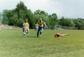 Fotbollsmatch på Krokslättsvallen i Mölndal under Jitexdagen i juli 1991.