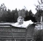 Foto av en glad Harald sittandes i en barnvagn med korgbädd.