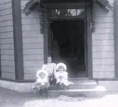 Foto av barnen Lagerholm fr v. Harald, Ingrid och Ellen sittandes på trappan till Gröndal med deras hund.