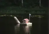Fågelhus i sjö.