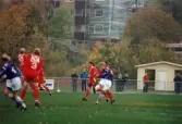 Fotbollslaget Jitex BK spelar match mot Älvsjö AIK på Kvarnbyvallen i Mölndal den 12 oktober 1996. Jitex förlorade matchen med 1-2.