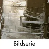 Serie om tre fotografier som visar industribebyggelse i Mölndals Kvarnby samt Mölndalsfallen, tagna vintern 1985.