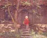 Text på baksidan av tavlan: Möllerska gården i Falkenberg, nu riven ( i början av 1900-talet ), åt gårdsidan, numera Storgatan  n:r 38. ( förr nr 50) här föddes J A Walerius d. 3 okt. 1858.  Dator inläsningen är uppljusad, orig. mörkt.