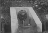 Text på baksidan:  Lejonbrunnen i Doktorspromenaden före den som kom dit på 1920-talet. Småfåglarnasvänner reste brunnen 1902. Gustaf Adam Ehrengranat 1861 gjorde han promenaden. (A.S.)
