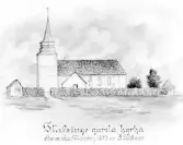 Text enl. inv. kort nr. 2748: Kyrkan torde vara byggd på 1200 talet. Nedrevs 1862.   Bilden en förstoring efter en blyertsteckning av A. Soholman i Riksarkivet 1830. Förstoringen utförd av Filip Pärson.