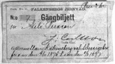 Avfotograferad gångbiljett för FJ banvall, utställd till Nils Persson 1896.