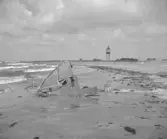 Vrakrester från en träbåt uppspolade vid  Morups Tånge. Båten hade gått på Lille Sand, utanför Morups Tånge fyr. Fören och maskin gick upp på Olofsbo strand. Båten var en tysk lastbåt- en snipa. Strandängar och hus i bakgrunden.