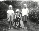 Fr.v. Rosa, Per o Karin i äppelträdgården i Attarp.  A Fridolf Persson var lärare i Årstad 1904-1912, Fritsla 1912-1920, Släp 1921-27 och Skrea 1927-41. Enl. sonen Einar Persson.