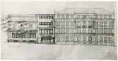 Stadshotellet, Växjö. Arkitektritning över den nya fasaden (med entré) mot Kungsgatan, daterad i nhh 11 november 1939.