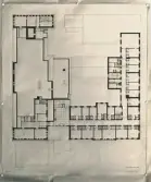 Stadshotellet, Växjö. Planritning över 4:e våningen (ritning till förändring), daterad 11 november 1939.
Man ser ett antal hotellrum m.m. längs Kungsgatan och Sandgärdsgatan.