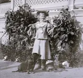 Foto av Ingrid med två hundar vid sina fötter, Gröndal. Bildtext i album: 