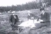 Foto av tre män som har en picknick i det gröna med en hund som sällskap, i bakgrunden syns ett skogsområde.